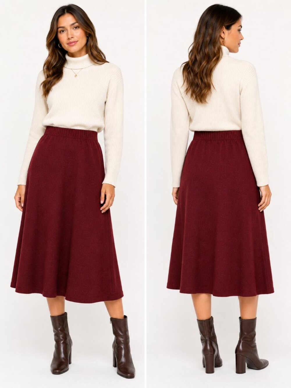 Vintage Burgundy Wool Blend Midi Skirt Elastic Waist A-Line Size 34 Large